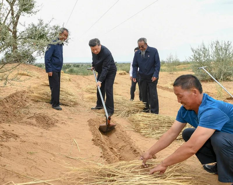 2019年8月21日，習近平來到甘肅省武威市古浪縣八步沙林場，實地察看當?shù)刂紊吃炝?、生態(tài)保護等情況。新華社記者 謝環(huán)馳 攝
