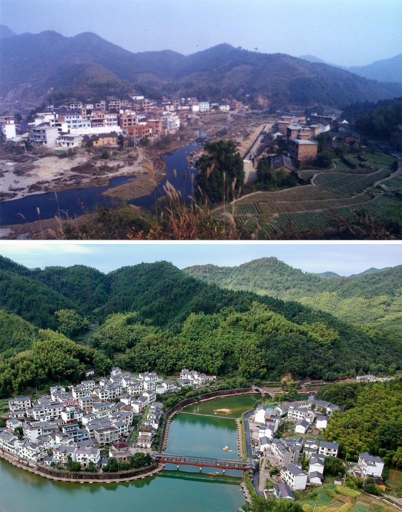 圖為浙江省杭州市淳安縣楓樹嶺鎮(zhèn)下姜村拼版圖，其中上圖為資料照片、下圖由新華社記者張鋮攝。
